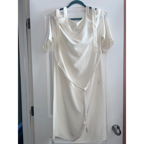 Tibi Women’s White Cutout Shoulder Tie Silk Shift Midi Dress size M Ivory - Picture 2 of 10